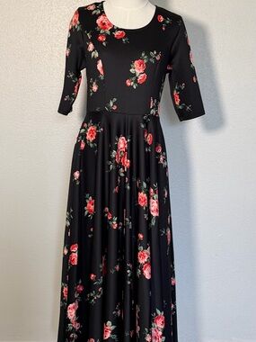 Women's Black Maxi Dress with Pink Floral Print